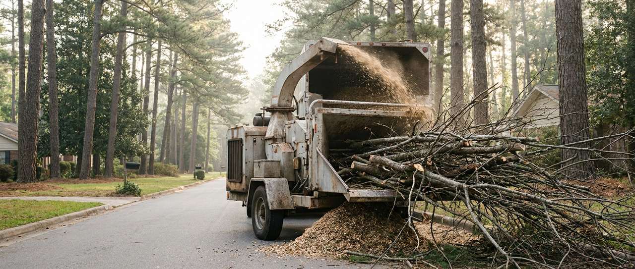 Wood chipper trailer processing stacked branches along a residential street
