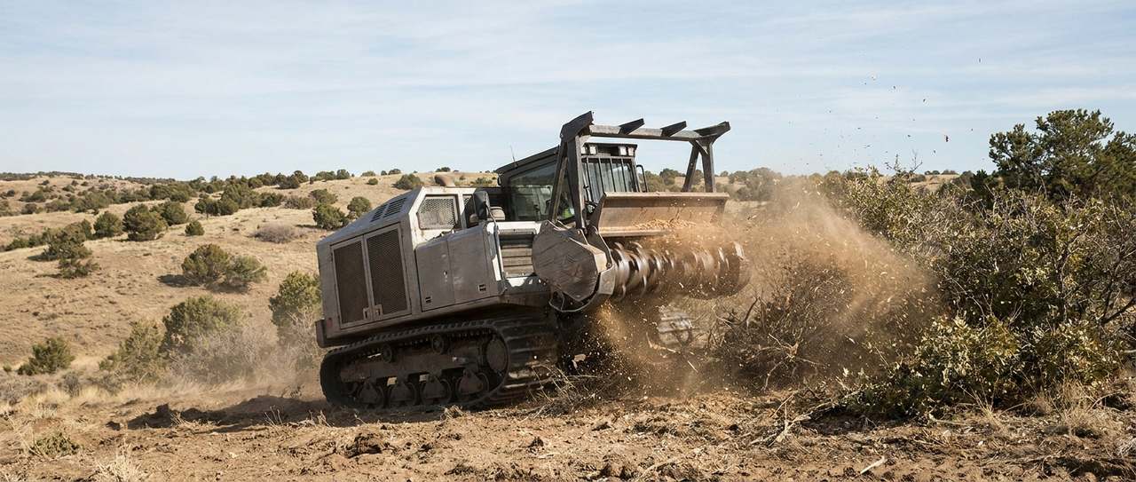 Tracked skid steer with a forestry mulching drum working through brush on open Colorado terrain