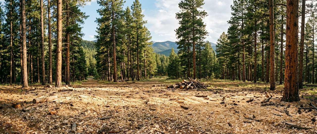 Freshly masticated wood chips forming an even mulch layer across cleared ground