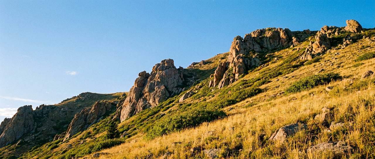 Steep rocky foothills slope with scattered Gambel oak and exposed granite outcrops